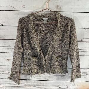 Cache Brown Tweed Fringe Trim Cropped Cardigan Sweater XS